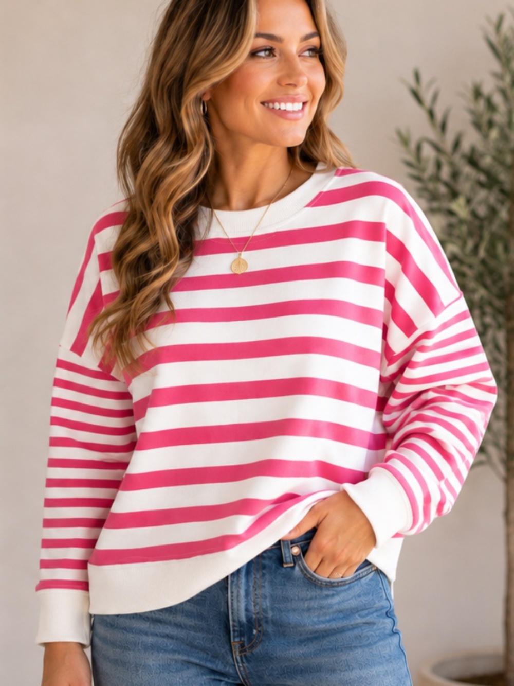 Addison Bay Pink Ivory Striped French Terry Pullover Top Sweatshirt XL NWOT